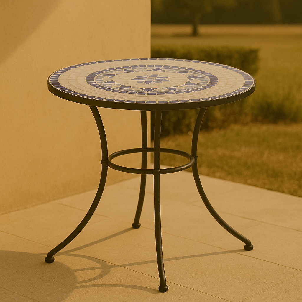 Tavolina – Ronde Mozaïek Tuintafel 60 cm – Blauwe Keramische Buitentafel met IJzeren Frame