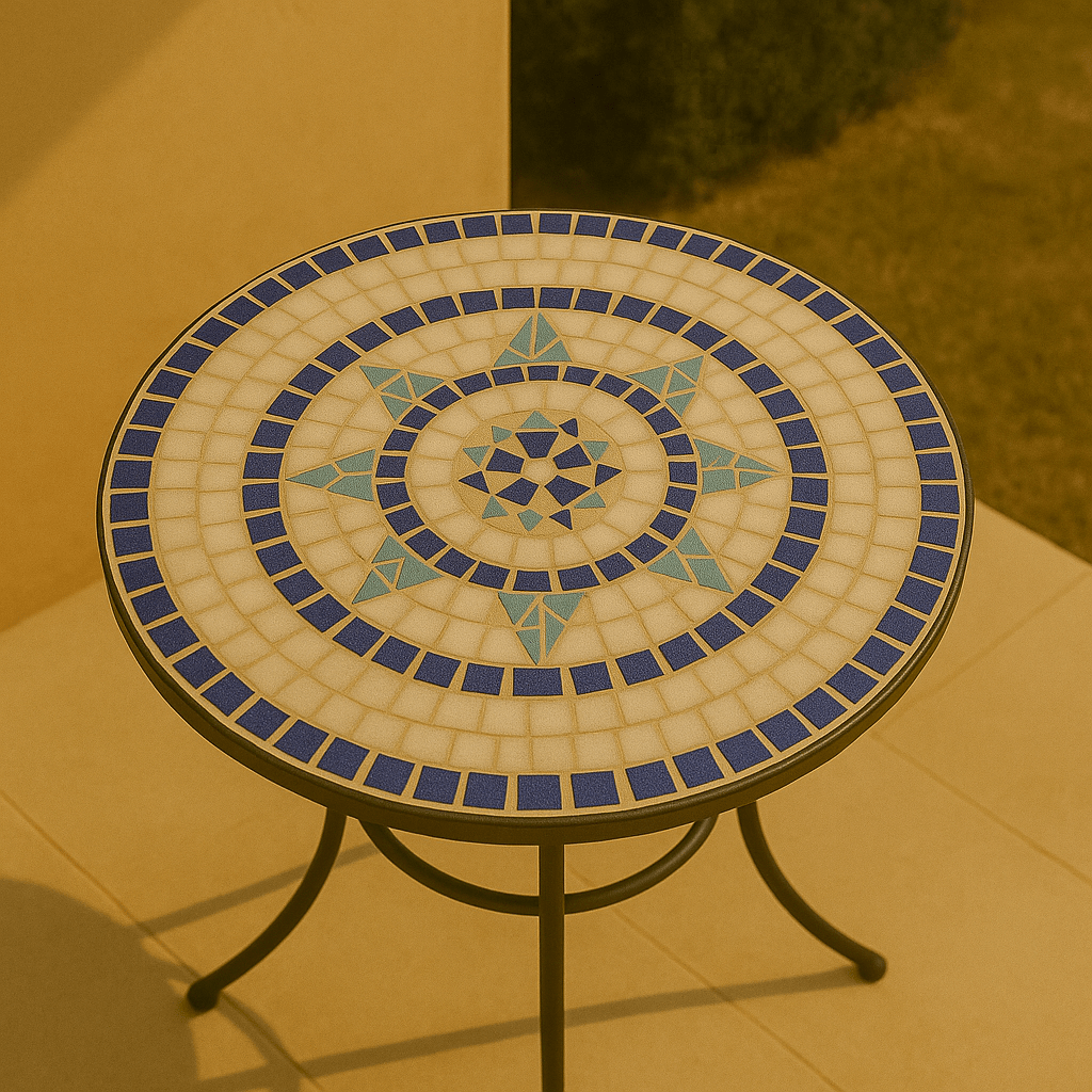 Tavolina – Ronde Mozaïek Tuintafel 60 cm – Blauwe Keramische Buitentafel met IJzeren Frame
