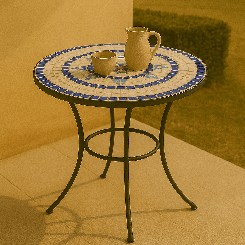 Tavolina – Ronde Mozaïek Tuintafel 60 cm – Blauwe Keramische Buitentafel met IJzeren Frame