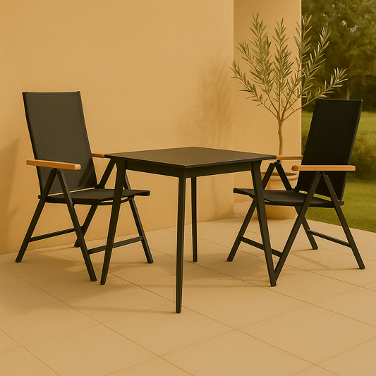 Trezza – Set met 2 Verstelbare Tuinstoelen en Vierkante Glazen Tuintafel