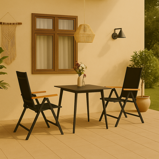 Trezza – Set met 2 Verstelbare Tuinstoelen en Vierkante Glazen Tuintafel