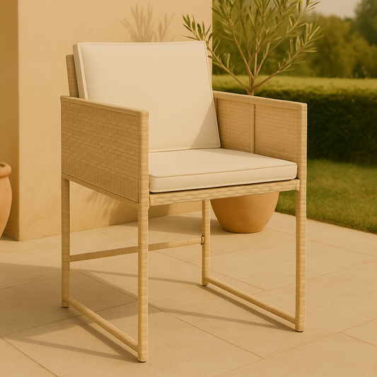Tera – 4-delige Beige Tuinstoelenset van PE-Rattan met Crèmewitte Kussens