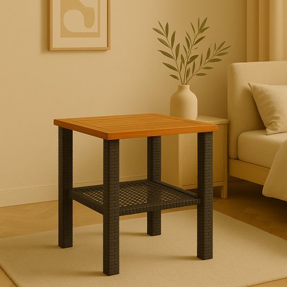 Solea – Vierkante Tuintafel van Poly Rattan – Compacte Buitentafel met Acaciahouten Blad 40x40 cm