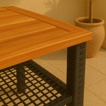 Solea – Vierkante Tuintafel van Poly Rattan – Compacte Buitentafel met Acaciahouten Blad 40x40 cm