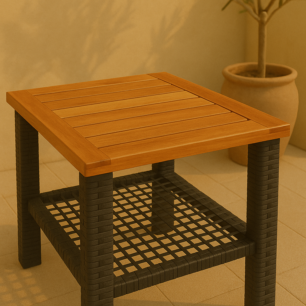 Solea – Vierkante Tuintafel van Poly Rattan – Compacte Buitentafel met Acaciahouten Blad 40x40 cm